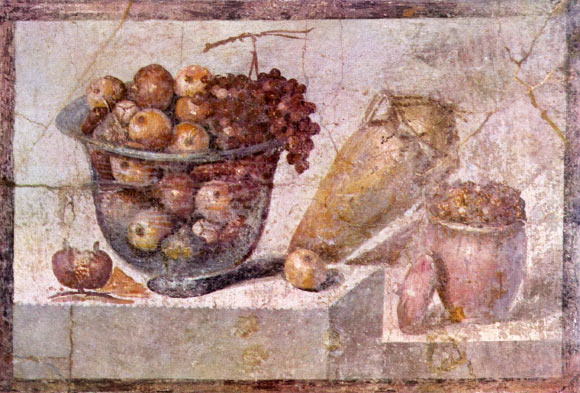 Still life with glass bowl of fruit and vases. Roman painting from the House of Julia Felix in Pompeii, 63-79 CE.