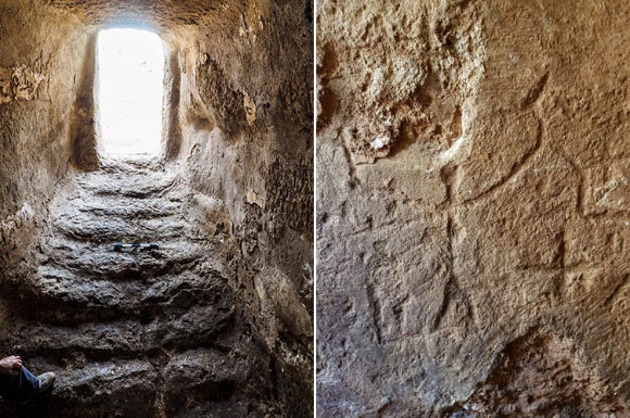 Left: view from inside the reservoir. Image credit: Assaf Peretz, Israel Antiquities Authority. Right: human figures and crosses engraved on the walls. Image credit: Gilad Itach, Israel Antiquities Authority.