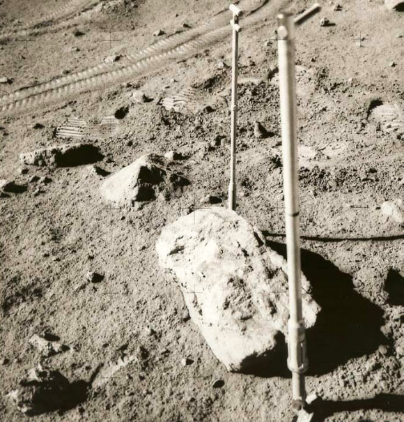 The Rusty Rock (bottom left) was chipped from a small boulder (center). Image credit: NASA.