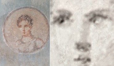An iron element map (right) made with new X-ray technology reveals the underlying craftsmanship hidden beneath a damaged portrait of a Roman woman (left). Image credit: Roberto Alberti.