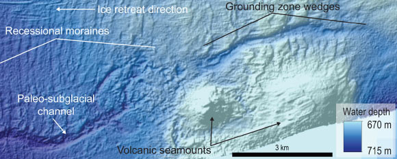 An example of seafloor bathymetry data that the team used to identify a paleo-subglacial channel, grounding line landforms, volcanic seamounts and other features used in the study. Image credit: Lauren Simkins, Rice University.