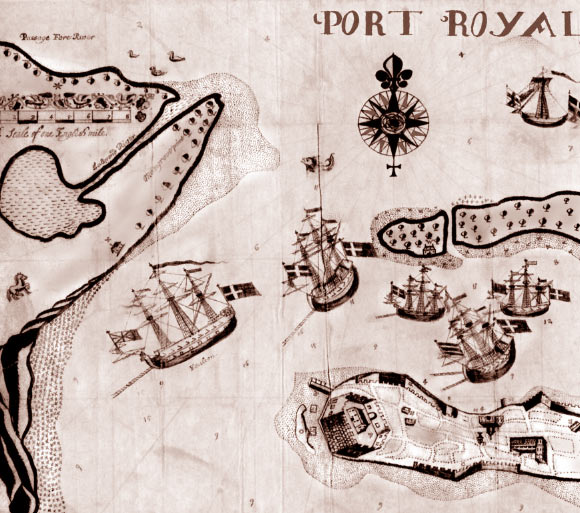 Map of Port Royal by John Taylor, 1688. This is one of only a handful of eyewitness drawings of the town before the 1692 earthquake; note Fort Charles at the southwest of the town.