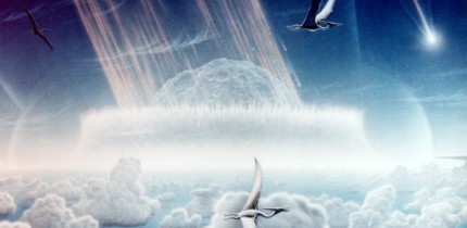 This painting depicts an asteroid slamming into tropical, shallow seas of the sulfur-rich Yucatan Peninsula in what is today southeast Mexico. The aftermath of this immense asteroid collision, which occurred approximately 65 million years ago, is believed to have caused the extinction of the dinosaurs and many other species on Earth. Shown in this painting are pterodactyls, flying reptiles with wingspans of up to 50 feet, gliding above low tropical clouds. Image credit: Donald E. Davis / NASA.