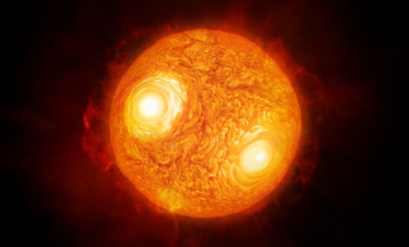 This artist’s impression shows the red supergiant star Antares. Image credit: M. Kornmesser / ESO.