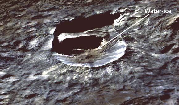 Oxo Crater is seen in this perspective view. The elevation has been exaggerated by a factor of two. The view was made using enhanced-color images from NASA’s Dawn mission. Image credit: NASA / JPL-Caltech / UCLA / MPS / DLR / IDA / PSI.