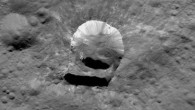 Oxo Crater is the second-brightest feature on Ceres. Only Occator’s central area is brighter. Oxo lies near the 0 degree meridian that defines the edge of many Ceres maps, making this small feature easy to overlook. NASA’s Dawn spacecraft took this image in its low-altitude mapping orbit, at a distance of 385 km from the surface of Ceres. Image credit: NASA / JPL-Caltech / UCLA / MPS / DLR / IDA / PSI.