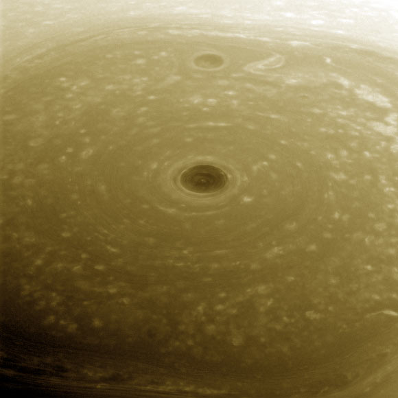 Saturn’s north polar region is pictured in great detail in this Cassini image (false color) obtained on April 26, 2017, from a range of 166,000 miles (267,000 km). This view looks toward the sunlit side of the rings from about 44 degrees above the ring plane. Image credit: NASA / JPL-Caltech / Space Science Institute.