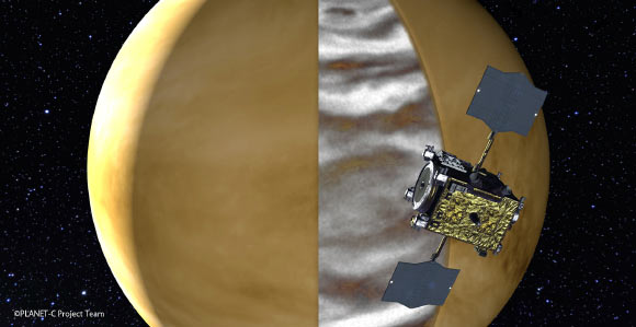 An illustration of JAXA’s Akatsuki orbiter successfully tracking lower-altitude clouds during the night with its near-infrared camera IR2. Image credit: PLANET-C Project Team.