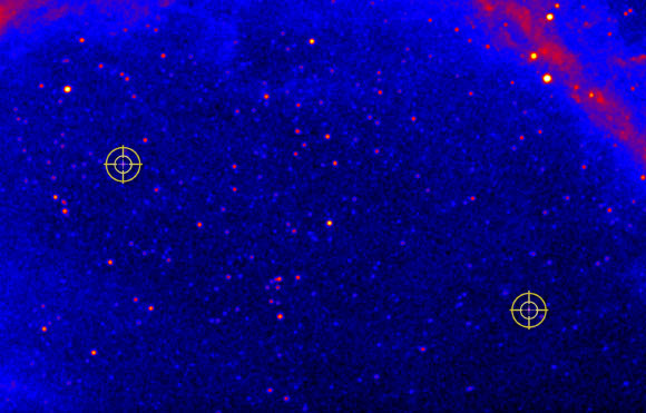 PSR J0952-0607 (lower right) rotates 707 times a second and now ranks as second-fastest pulsar known. The location of LOFAR’s first millisecond pulsar discovery, PSR J1552+5437, which spins 412 times a second, is shown at upper left. Image credit: NASA / DOE / Fermi LAT Collaboration / ASTRON.