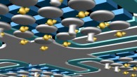 Schematic view of a large-scale quantum processor based upon phosphorus (31P) donors in silicon, operated and coupled through the use of an induced electric dipole. Idle qubits have electrons at the interface, leaving the 31P nucleus in the ultra-coherent ionized state. Electrons are partially shifted toward the donor for quantum operations. The sketch shows a possible architecture where a cluster of qubits is locally coupled via the electric dipole, and a subgroup thereof is further coupled to another cluster through interaction with a shared microwave cavity (aqua). Image credit: Guilherme Tosi, University of New South Wales.