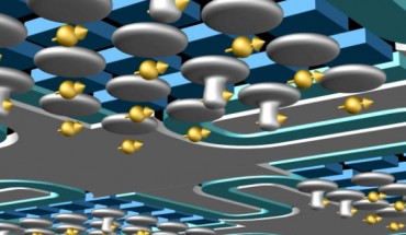 Schematic view of a large-scale quantum processor based upon phosphorus (31P) donors in silicon, operated and coupled through the use of an induced electric dipole. Idle qubits have electrons at the interface, leaving the 31P nucleus in the ultra-coherent ionized state. Electrons are partially shifted toward the donor for quantum operations. The sketch shows a possible architecture where a cluster of qubits is locally coupled via the electric dipole, and a subgroup thereof is further coupled to another cluster through interaction with a shared microwave cavity (aqua). Image credit: Guilherme Tosi, University of New South Wales.