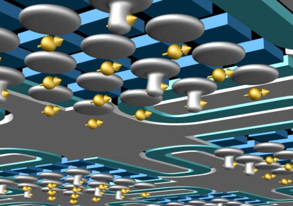 Schematic view of a large-scale quantum processor based upon phosphorus (31P) donors in silicon, operated and coupled through the use of an induced electric dipole. Idle qubits have electrons at the interface, leaving the 31P nucleus in the ultra-coherent ionized state. Electrons are partially shifted toward the donor for quantum operations. The sketch shows a possible architecture where a cluster of qubits is locally coupled via the electric dipole, and a subgroup thereof is further coupled to another cluster through interaction with a shared microwave cavity (aqua). Image credit: Guilherme Tosi, University of New South Wales.