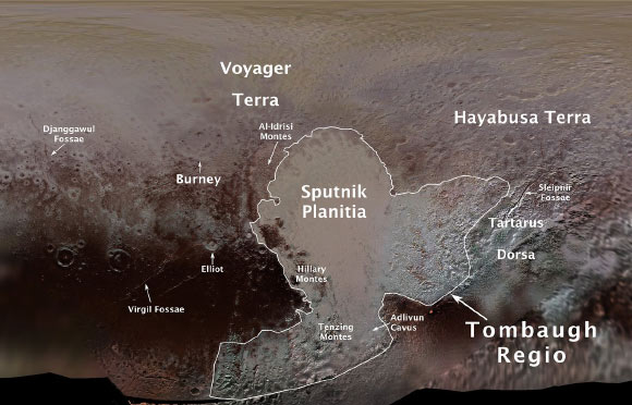 Pluto’s first official surface-feature names are marked on this map, compiled from images and data gathered by NASA’s New Horizons spacecraft during its flight through the Pluto system in 2015. Image credit: NASA / JHUAPL / SwRI / Ross Beyer.