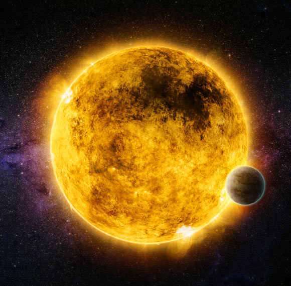 This artist’s illustration depicts a two billion year old star called Gliese 176 (GJ 176), located 30 light-years from Earth, with the exoplanet Gliese 176b in orbit around it. The large dark area is a ‘coronal hole,’ a phenomenon associated with low levels of magnetic activity. Image credit: NASA / CXC / M. Weiss.