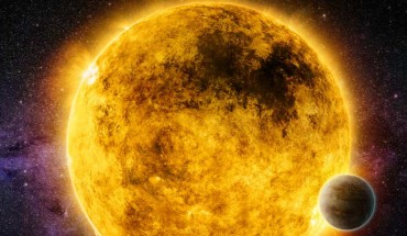 This artist’s illustration depicts a two billion year old star called Gliese 176 (GJ 176), located 30 light-years from Earth, with the exoplanet Gliese 176b in orbit around it. The large dark area is a ‘coronal hole,’ a phenomenon associated with low levels of magnetic activity. Image credit: NASA / CXC / M. Weiss.