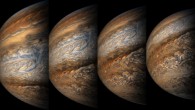 This series of enhanced-color images shows Jupiter up close and personal, as Juno performed its eighth flyby of the gas giant. From left to right, the sequence of images taken on September 1 from 6:03p.m. to 6:11p.m. EDT (3:03p.m. to 3:11p.m. PDT). At the times the images were taken, the spacecraft ranged from 7,545 to 14,234 miles (12,143 to 22,908 km) from the tops of the clouds of Jupiter at a latitude range of minus 28.5406 to minus 44.4912 degrees. ‘Points of Interest’ include ‘Dalmatian Zone/Eye of Odin,’ ‘Dark Eye/STB Ghost East End,’ ‘Coolest Place on Jupiter,’ and ‘Renslow/Hurricane Rachel; the final image in the series on the right shows Jupiter’s south pole coming into view. Image credit: NASA / JPL-Caltech / SwRI / MSSS / Gerald Eichstaedt / Sean Doran.