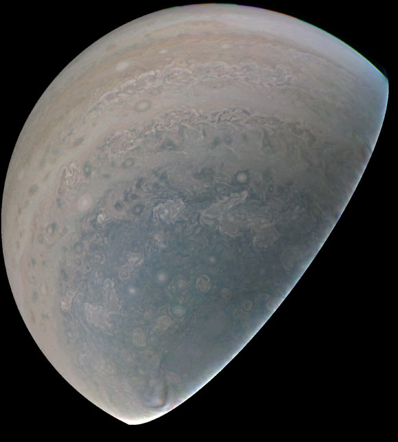 Juno soared over Jupiter’s south polar region when JunoCam acquired this image on September 1. Image credit: NASA / JPL-Caltech / SwRI / MSSS.