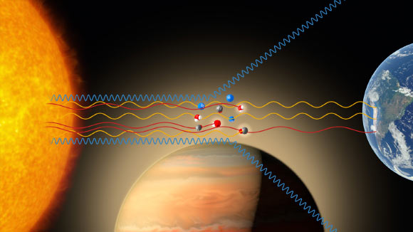 As WASP-19b passes in front of its parent star, some of the starlight passes through the planet’s atmosphere and leaves subtle fingerprints in the light that eventually reaches Earth. By using the FORS2 instrument on ESO’s Very Large Telescope, Sedaghati et al were able to carefully analyze this light and deduce that the atmosphere contained titanium oxide. In large enough quantities, titanium oxide can prevent heat from entering or escaping an atmosphere, leading to a thermal inversion -- the temperature is higher in the upper atmosphere and lower further down, the opposite of the normal situation. Image credit: M. Kornmesser / ESO.