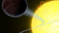 This artist’s impression shows WASP-12b, an alien world as black as fresh asphalt, orbiting a star like our Sun. Image credit: NASA / ESA / G. Bacon, STScI.
