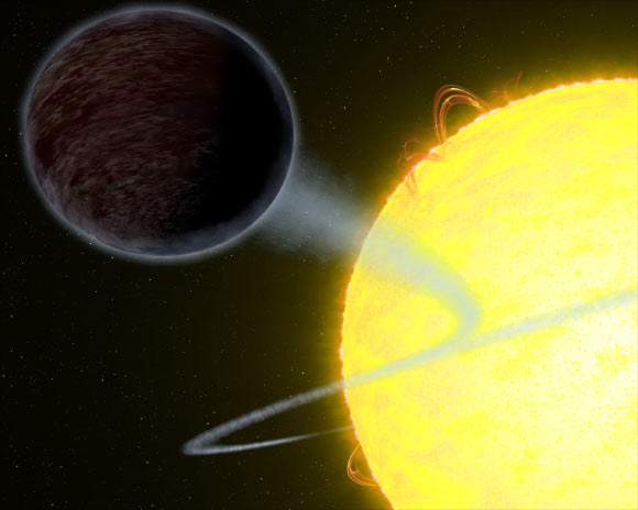 This artist’s impression shows WASP-12b, an alien world as black as fresh asphalt, orbiting a star like our Sun. Image credit: NASA / ESA / G. Bacon, STScI.