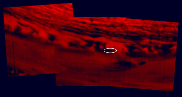 This montage of images, made from data obtained by Cassini’s visual and infrared mapping spectrometer, shows the location on Saturn where the spacecraft entered the planet’s atmosphere. Cassini entered the atmosphere at 9.4 degrees north latitude, 53 degrees west longitude. Image credit: NASA / JPL-Caltech / University of Arizona.