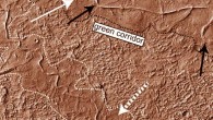 Aeolis Dorsa, Mars: the dotted white arrow points to curved strata recording point bar growth and river migration; the boundaries of ancient valley walls are defined by textural and albedo changes and are also associated with lateral river migration; stacked above the point bars and completely confined within the dotted white and black lines are topographically inverted river deposits outcropping as ridges (e.g., black arrow); in places (e.g., south of the dotted white arrow), the ridges run against the dotted boundaries, suggesting flow was once redirected along a valley wall. Image credit: Cardenas et al, doi: 10.1130/B31567.1.