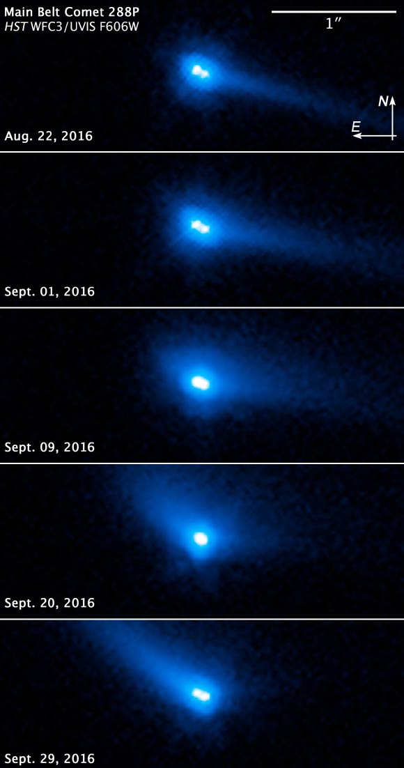 Hubble photographed 288P/300163, a pair of asteroids orbiting each other that have a tail of dust, which is a comet-like feature. Image credit: NASA / ESA / J. Agarwal, Max Planck Institute for Solar System Research.