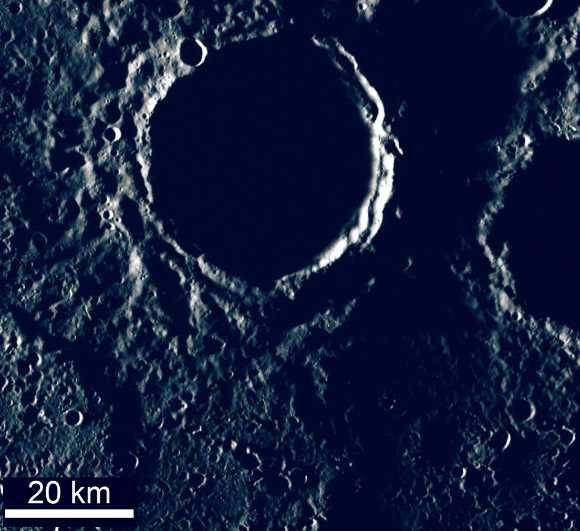 Deutsch et al found new evidence of ice sheets in permanently shadowed craters near the north pole of the planet Mercury. Image credit: Brown University.