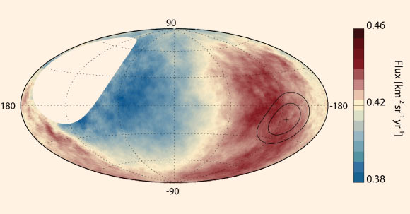 This map showing the cosmic ray flux; the region showing an excess of cosmic rays is circled; the center of the Milky Way Galaxy is at the center of the ellipse. Image credit: Pierre Auger Collaboration.