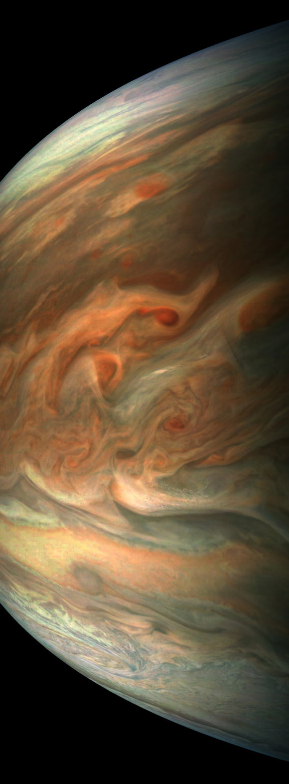 This image was taken by NASA’s Juno spacecraft on September 1, 2017 at 5:58 p.m. EDT (2:58 p.m. PDT), and then processed by citizen scientist Gerald Eichstaedt. At the time the image was taken, the probe was 4,707 miles (7,576 km) from the tops of the clouds of the planet at a latitude of about minus 17.4 degrees. Image credit: NASA / JPL-Caltech / SwRI / MSSS / Gerald Eichstaedt.