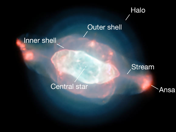 An annotated version of the above image labels the features of the Saturn Nebula. Image credit: J. Walsh / ESO.