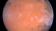Mars Odyssey spotted possible water ice in the Medusa Fossae area of Mars, which is in an equatorial region of the planet to the lower left in this view. Image credit: Steve Lee, University of Colorado / Jim Bell, Cornell University / Mike Wolff, Space Science Institute / NASA.