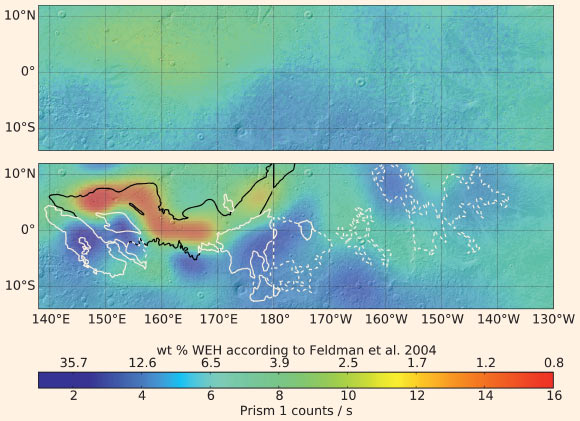 Raw (top) and reprocessed MONS data (bottom) around the Medusae Fossae Formation. The reprocessed data show more ‘water-equivalent hydrogen’ (darker blue) in some parts of this equatorial region of Mars. Image credit: NASA / JPL-Caltech / University of Arizona.