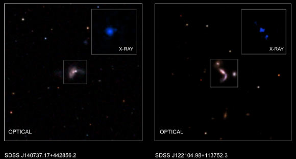 This graphic shows two of five new binary supermassive black holes recently identified by astronomers using a combination of data from NASA’s Chandra X-ray Observatory, the Wide-Field Infrared Sky Explorer Survey, and the Large Binocular Telescope. Image credit: NASA / CXC / George Mason University / University of Victoria / S. Satyapal et al / S. Ellison et al / SDSS / A. Hobart.