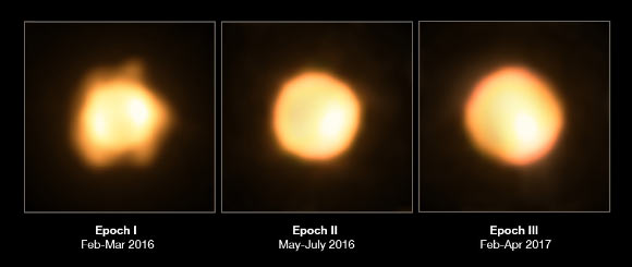 This image shows HR 5171 as it was seen over three periods of time. These images actually contain both HR 5171A and its companion -- in the first image the companion is passing behind HR 5171A, but in the second and third images the companion is passing in front and is visible as a bright patch. Image credit: M. Wittkowski / ESO.