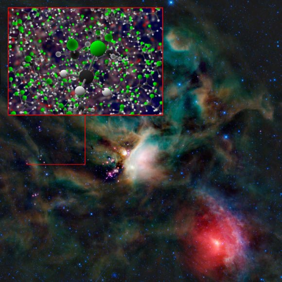 Freon-40 discovered by ALMA around the infant stars in the IRAS 16293-2422 system. Image credit: B. Saxton / NRAO / AUI / NSF / NASA / JPL-Caltech / UCLA.
