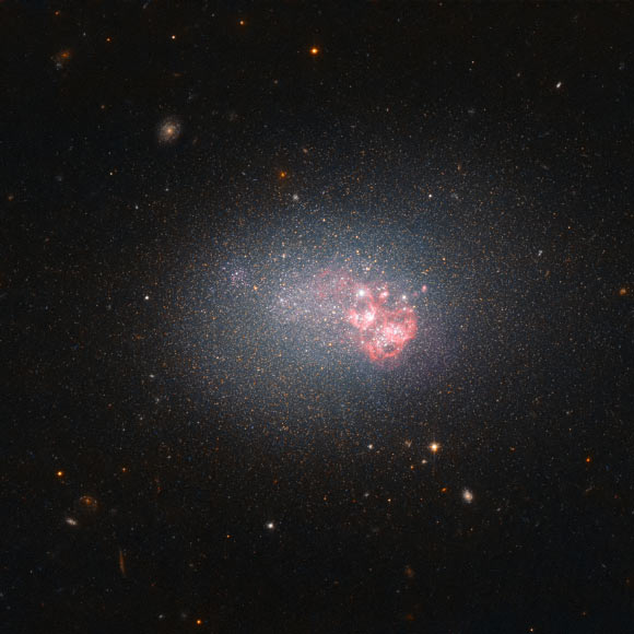 This image, taken with the Advanced Camera for Surveys on board the NASA/ESA Hubble Space Telescope, shows the blue compact dwarf galaxy LEDA 17302. Image credit: NASA / ESA / Hubble.