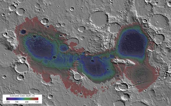 The Eridania basin of southern Mars is believed to have held a sea about 3.7 billion years ago, with seafloor deposits likely resulting from underwater hydrothermal activity. This graphic shows estimated depths of water in that ancient sea. Image credit: NASA.