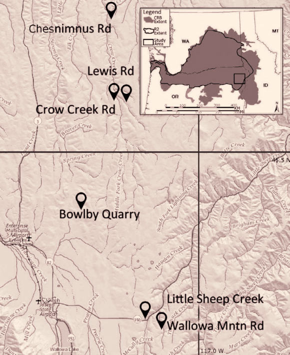 Davis et al sampled sulfur dioxide trapped in rock near lava vents to gauge how much gas was put in the air by massive basalt flows 16.5 million years ago. The inset map shows the extent of the flows, with the region in the black line showing the Wapshilla Ridge flow that emitted more than 200 billion tons of sulfur dioxide. Image credit: Washington State University.