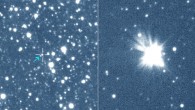 SMCN 2016-10a was discovered on October 14, 2016. Novae occur frequently in our Milky Way Galaxy, with a rate of around 35 each year, but SMCN 2016-10a is the first nova to have been detected in the Small Magellanic Cloud since 2012. Left: the nova system before eruption. Right: the nova system in outburst. Image credit: OGLE Survey.