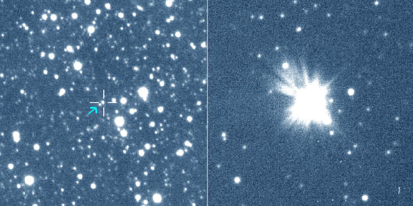SMCN 2016-10a was discovered on October 14, 2016. Novae occur frequently in our Milky Way Galaxy, with a rate of around 35 each year, but SMCN 2016-10a is the first nova to have been detected in the Small Magellanic Cloud since 2012. Left: the nova system before eruption. Right: the nova system in outburst. Image credit: OGLE Survey.