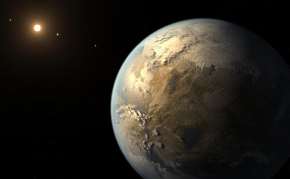 This artist’s concept depicts Kepler-186f, the first validated Earth-size planet to orbit a distant star in the habitable zone. Image credit: NASA / Ames / SETI Institute / JPL-Caltech.