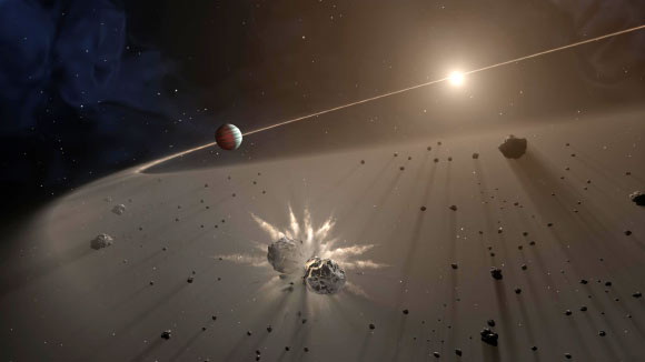 This artist’s rendering shows a giant exoplanet causing small bodies to collide in a disk of dust. Image credit: NASA / JPL-Caltech.