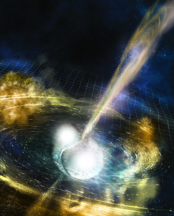 Artist’s illustration of two merging neutron stars. Image credit: NSF / LIGO / Sonoma State University / A. Simonnet.