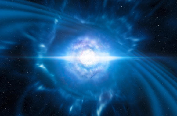 This artist’s impression shows two neutron stars at the point at which they merge and explode as a kilonova. Such a very rare event is expected to produce both gravitational waves and a short gamma-ray burst, both of which were observed on August 17, 2017, by LIGO and Virgo collaborations. Image credit: ESO / L. Calcada / M. Kornmesser.