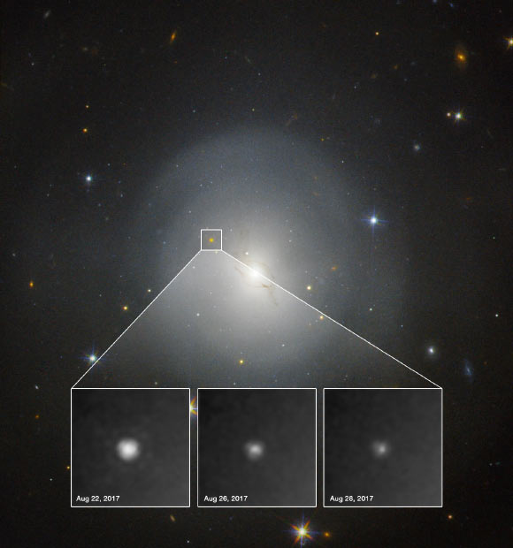 On August 17, scientists detected gravitational waves from the collision between two neutron stars. Within 12 hours observatories had identified the source of the event within the lenticular galaxy NGC 4993, shown in this image gathered with Hubble. The associated stellar flare, a kilonova, is clearly visible in the Hubble observations. This is the first time the optical counterpart of a gravitational wave event was observed. Hubble observed the kilonova gradually fading over the course of six days, as shown in these observations taken in between 22 and 28 August (insets). Image credit: NASA / ESA / A.J. Levan, University of Warwick / N.R. Tanvir, University of Leicester / A. Fruchter & O. Fox, STScI.
