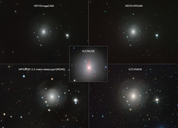 This composite shows images of NGC 4993 from several different ESO telescopes and instruments. They all reveal a faint source of light close to the center. This is a kilonova, the explosion resulting from the merger of two neutron stars. Image credit: VLT / VIMOS / MUSE / MPG / ESO / GROND / VISTA / VIRCAM / VST / OmegaCAM.