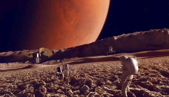 This artist’s conception shows an astronaut and spacecraft on the Martian moon Phobos. Image credit: NASA.