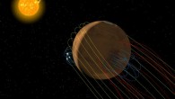 Artist’s conception of the complex magnetic field environment at Mars. Yellow lines represent magnetic field lines from the Sun carried by the solar wind, blue lines represent Martian surface magnetic fields, white sparks are reconnection activity, and red lines are reconnected magnetic fields that link the surface to space via the Martian magnetotail. Image credit: Anil Rao / University of Colorado / MAVEN / NASA’s Goddard Space Flight Center.