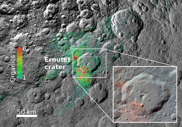 Dawn data show a region around Ceres’ Ernutet crater where organic concentrations have been discovered; the color coding shows the surface concentration of organics, as inferred from the visible and near infrared spectrometer; the inset shows a higher resolution enhanced color image of the crater acquired by Dawn’s framing camera; regions in red indicate higher concentration of organics. Image credit: NASA / JPL-Caltech / UCLA / ASI / INAF / MPS / DLR / IDA.